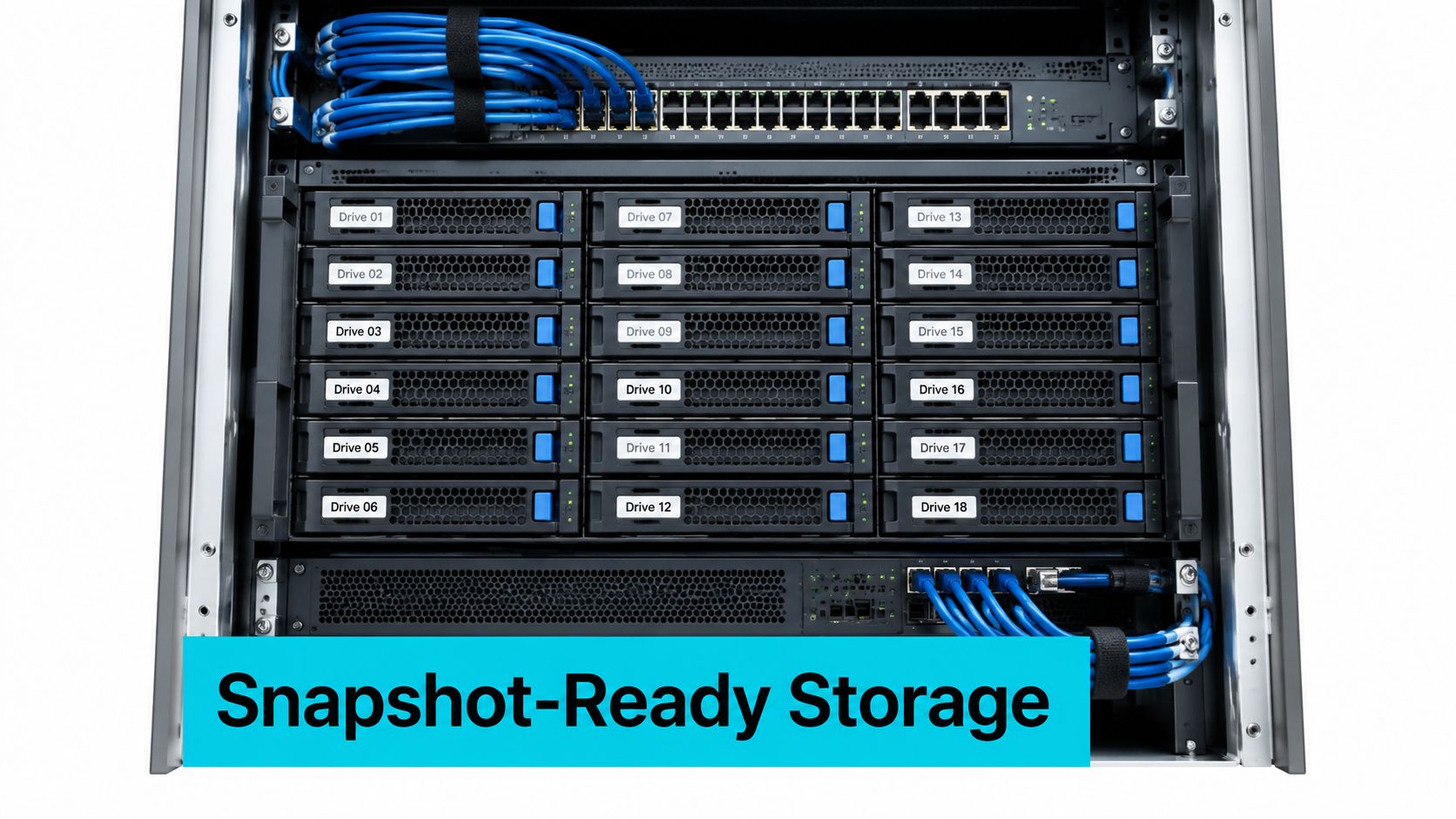 A high-capacity enterprise rackmount server filled with eighteen labeled storage hard drives and network cabling connectivity.