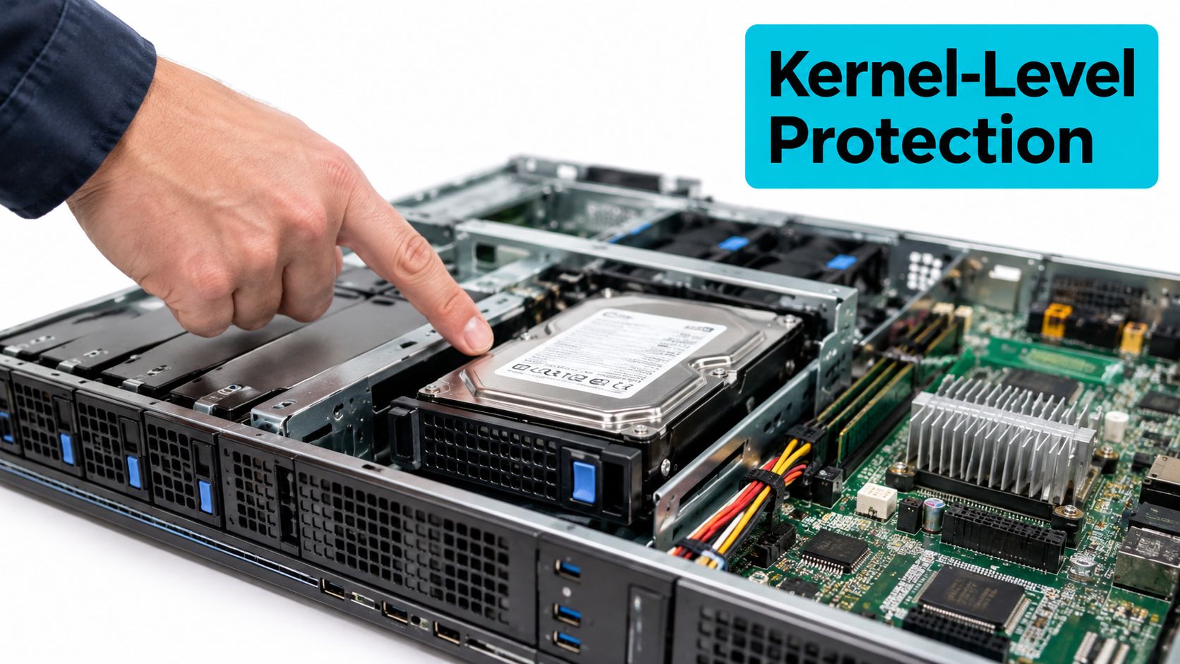 A close-up view of a technician installing a hard drive into a server chassis for data storage.